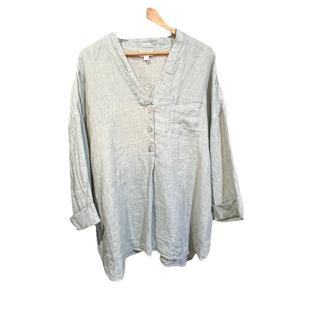 Pure Jill Linen Tunic Top Size 2X Seafoam Green 3/4 Sleeve Relaxed Beachy Resort